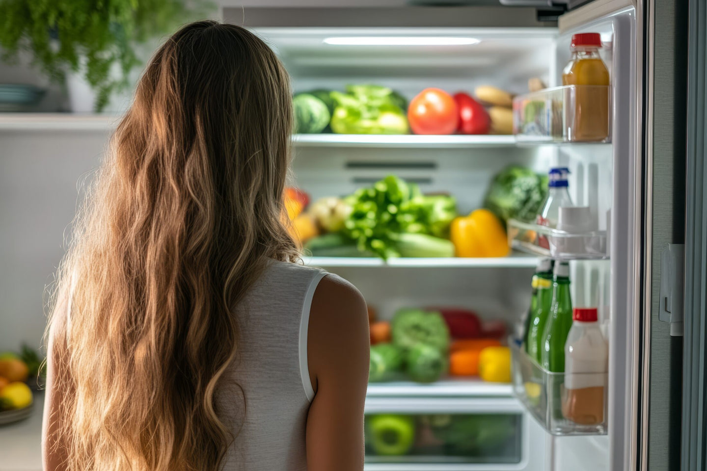Young woman opens fridge to select fresh vegetables for healthy meal preparation