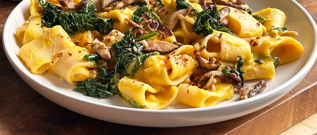 Butternut Squash Pasta with Sautéed Kale and Mushrooms