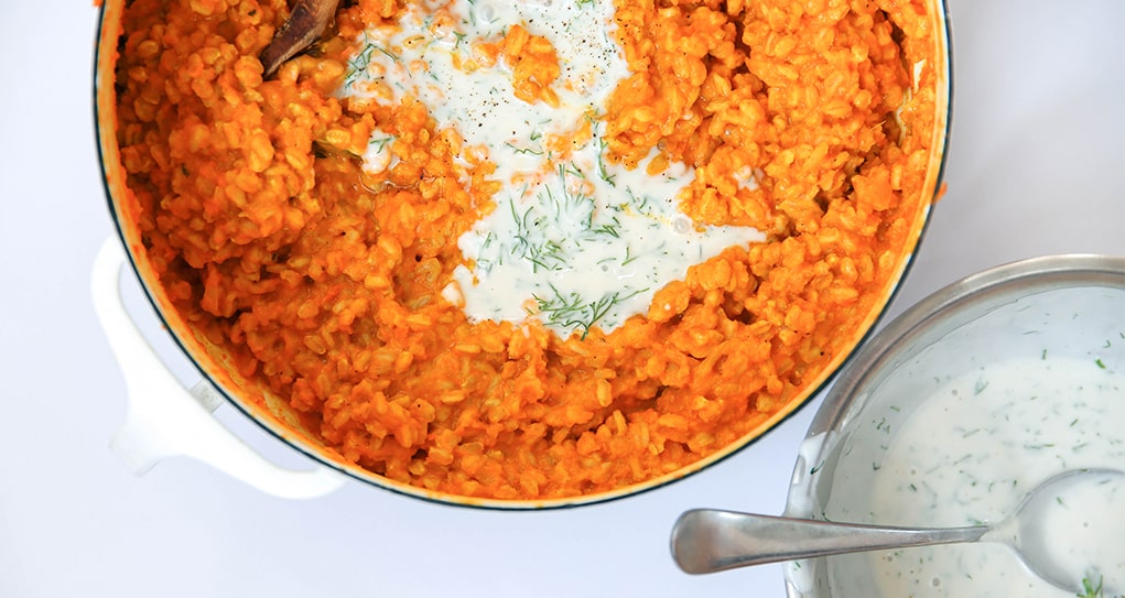 Carrot Farro Risotto with Dill Cashewmilk Yogurt Recipe