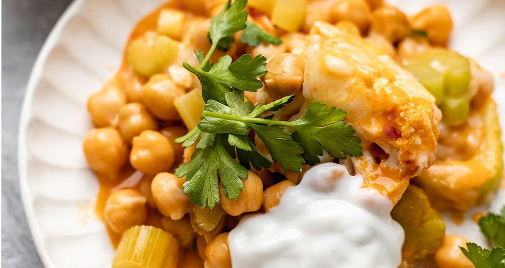 Vegan Buffalo Chickpea Cauliflower Casserole