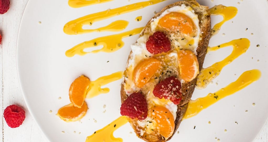 Toast with Yogurt Spread, Clementines, Raspberries & Mango Recipe