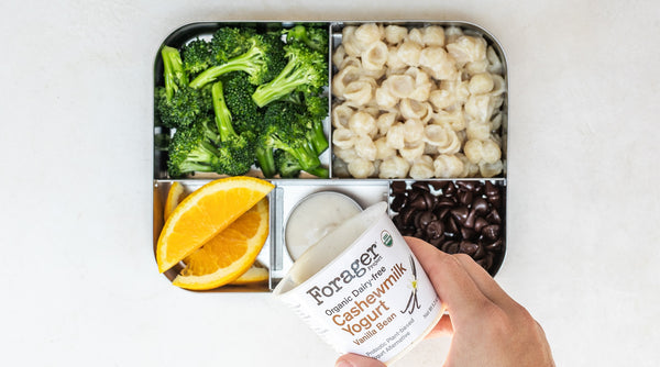 Tray Of Mixed Vegetables and Fruits With Vegan Yogurt