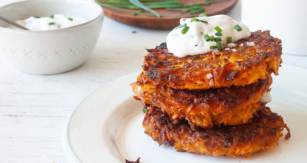Savory Sweet Potato Pancakes with Vegan Chive Sour Cream Recipe