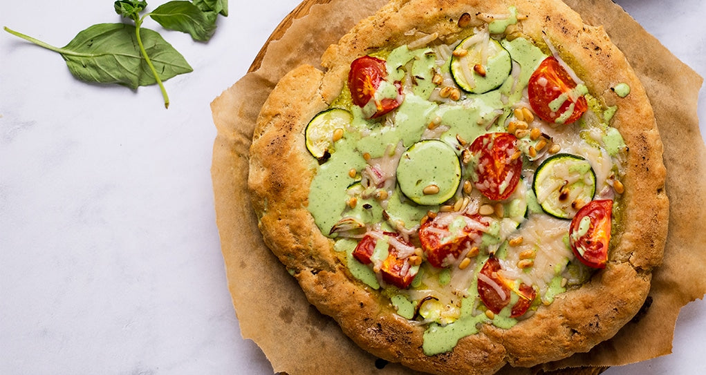 Vegan Summer Pizza with Pesto Yogurt Sauce