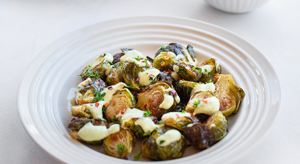 Roasted Brussels Sprouts with Creamy White Bean Dressing Recipe