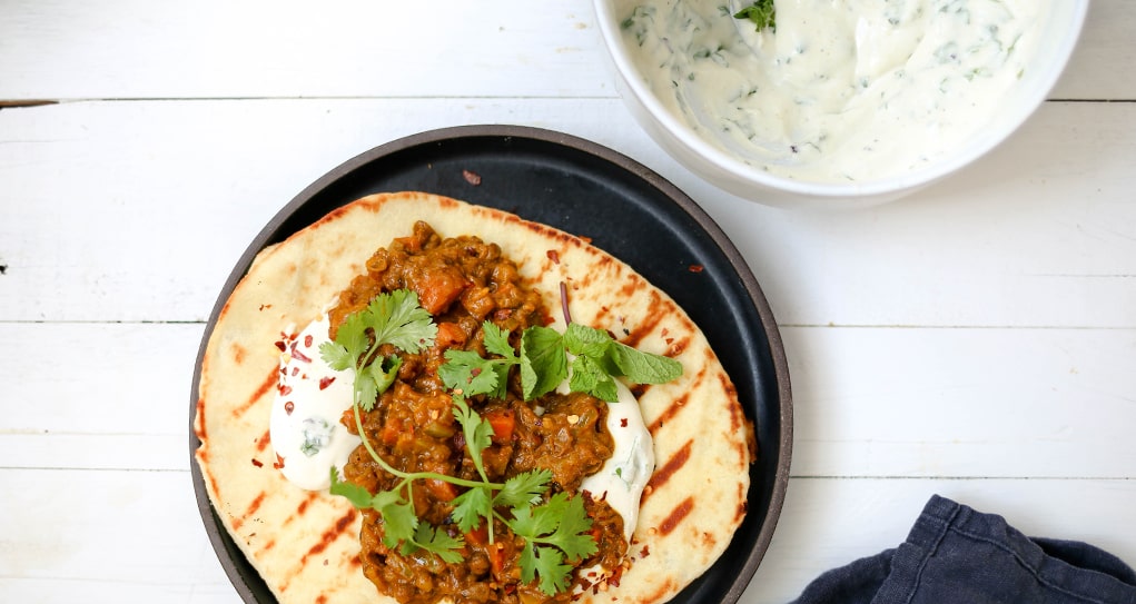 Spiced Lentils with Herby Cashewmilk Yogurt and Naan Recipe