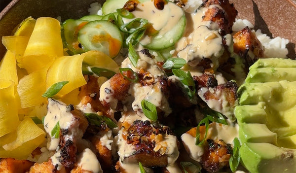 Crispy Tofu Rice Bowl with Chili Crisp Yogurt Sauce