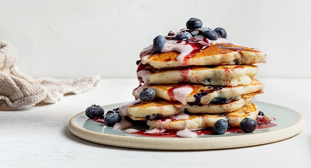 Triple Blueberry Pancakes with Vegan Yogurt Drizzle Recipe