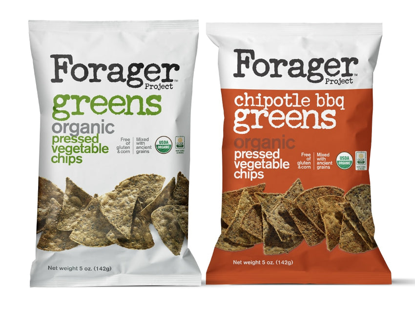 Two packages of Forager Project organic pressed vegetable chips on a white background