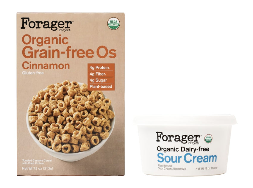 Forager Organic Grain-free O's cereal box and organic dairy-free sour cream container on a white background