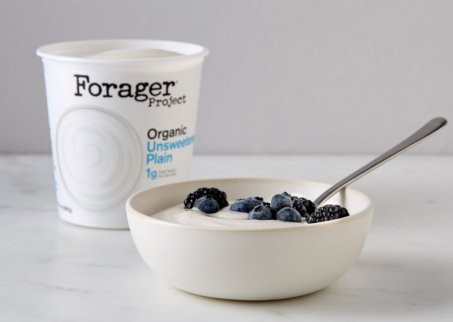 Forager Project Organic Unsweetened Plain Yogury product next to a bowl of yogurt with blueberries
