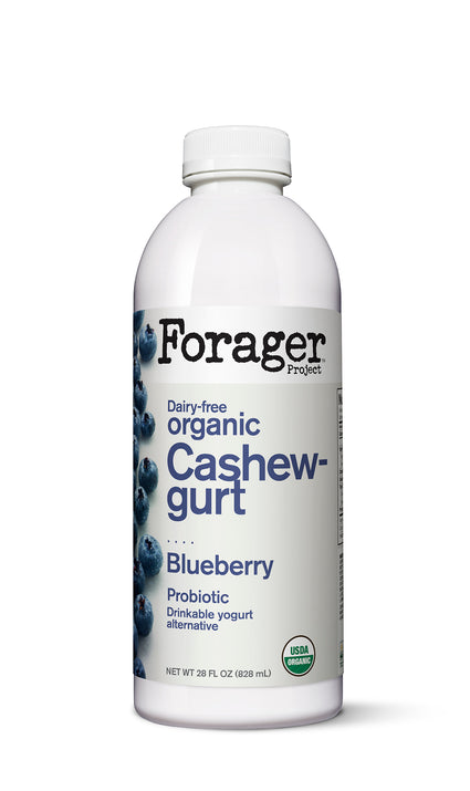 Bottle of Forager Cashew-gurt Blueberry on a white background