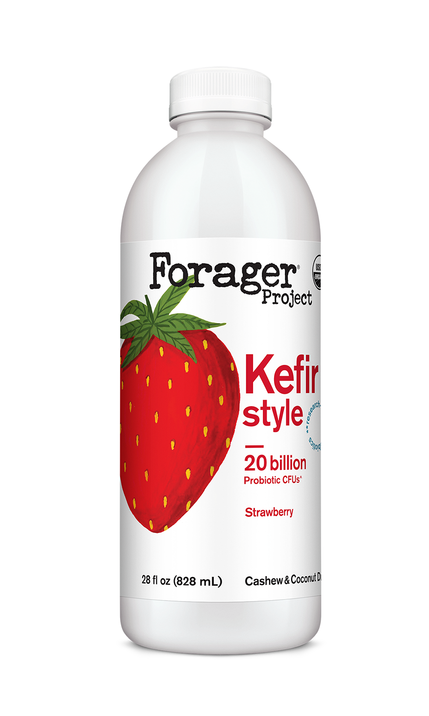 28oz bottle of Forager Project Strawberry Kefir