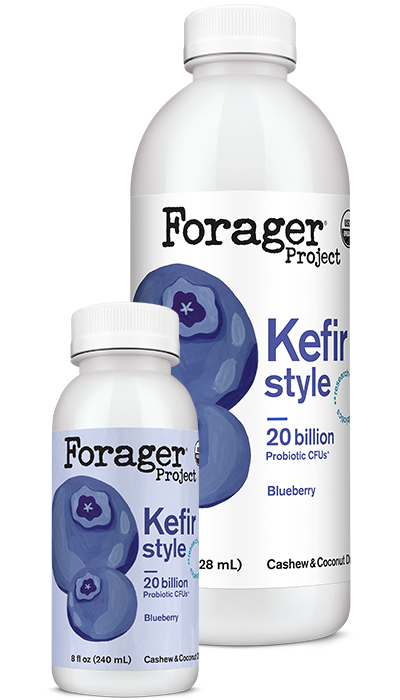 28oz and 8oz bottle of Forager Project Blueberry Kefir