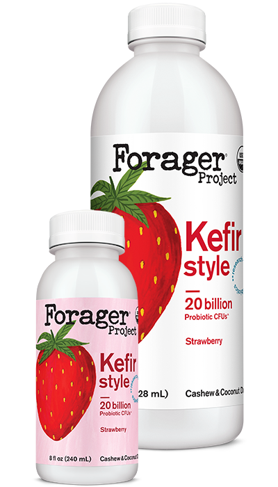 28oz and 8oz bottle of Forager Project Strawberry Kefir