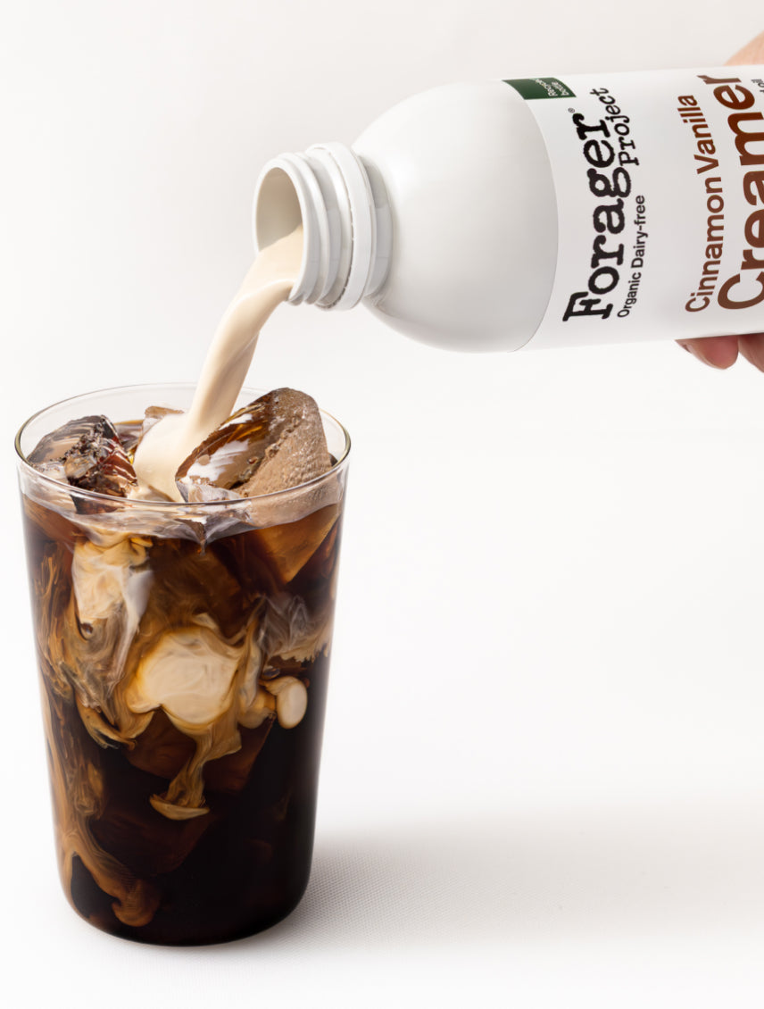 Forager Project Cinnamon Vanilla Creamer being poured into a glass of iced coffee.
