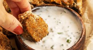 Breaded Mushrooms with Chive Sour Cream Dipping Sauce.