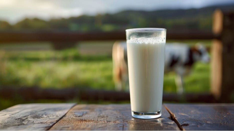 glass of plant-based milk on a dairy farm