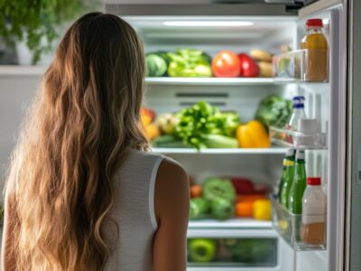 Young woman opens fridge to select fresh vegetables for healthy meal preparation