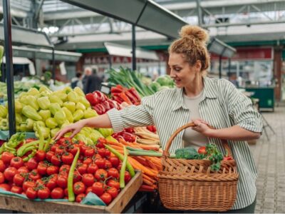 A person shopping for vegetables at a farmer’s market.