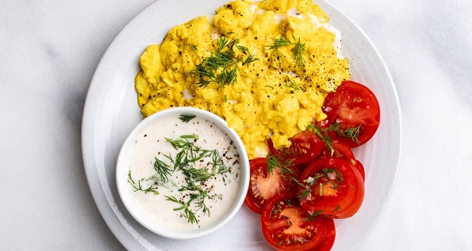 Vegan Tofu Scramble with Yogurt Dill Sauce.